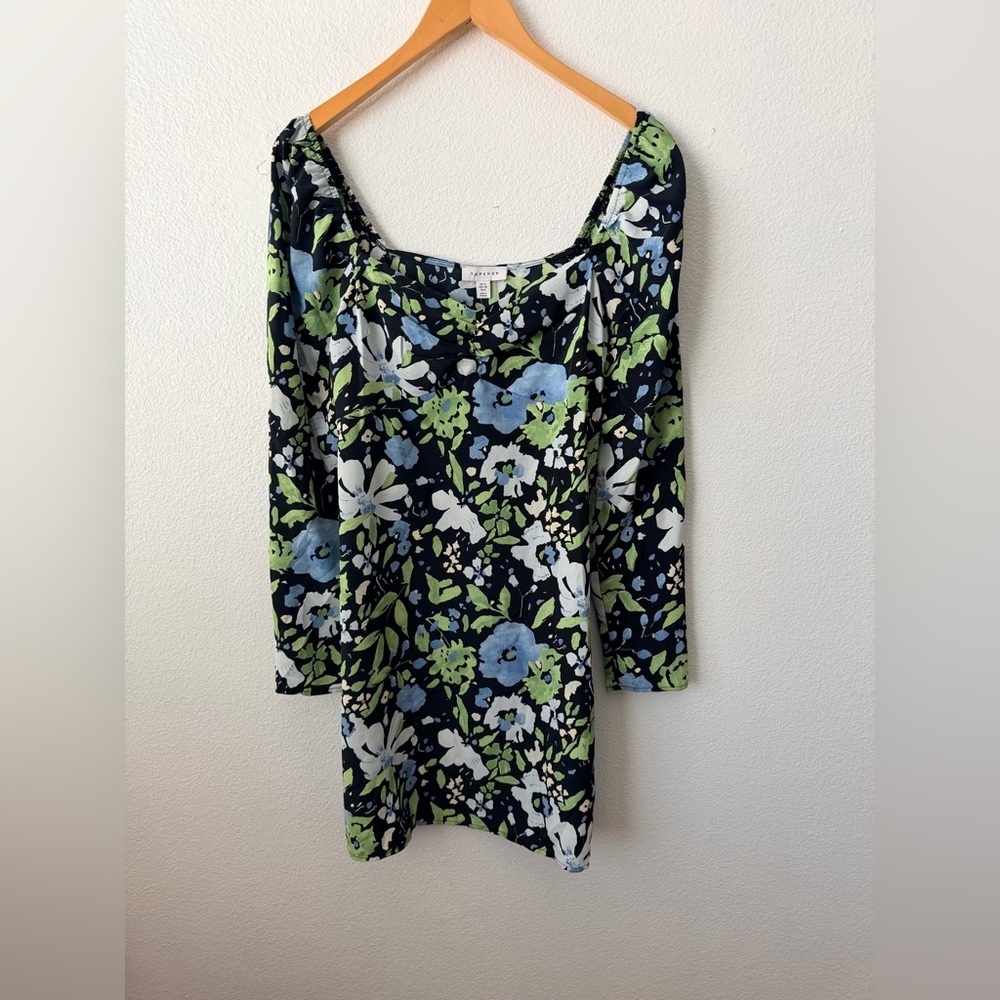 Topshop Black Floral Mini Dress UK 12 US 8 Blue Green White Print 3/4 Sleeve